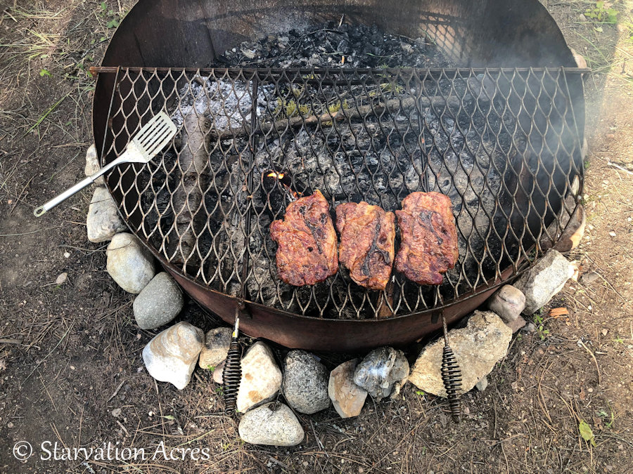 Pork steaks on a wood fire.