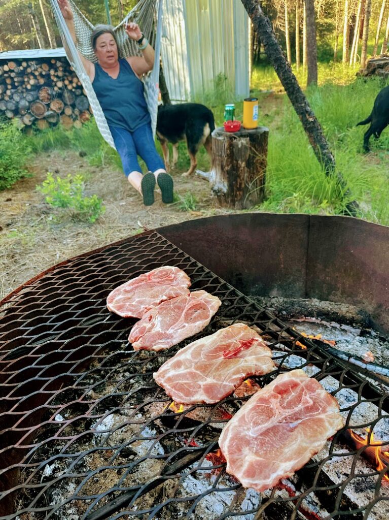 Pork Steaks on our wood fire.